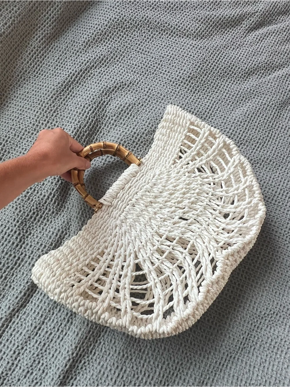 Woven Crochet Tote Bag with Bamboo Handles - White Purse Beach Bag